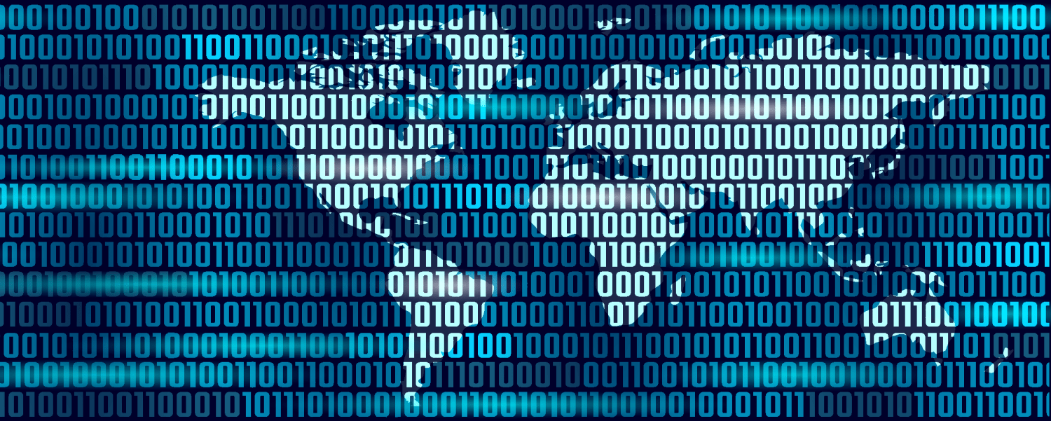 Binary code displayed over a map of the world