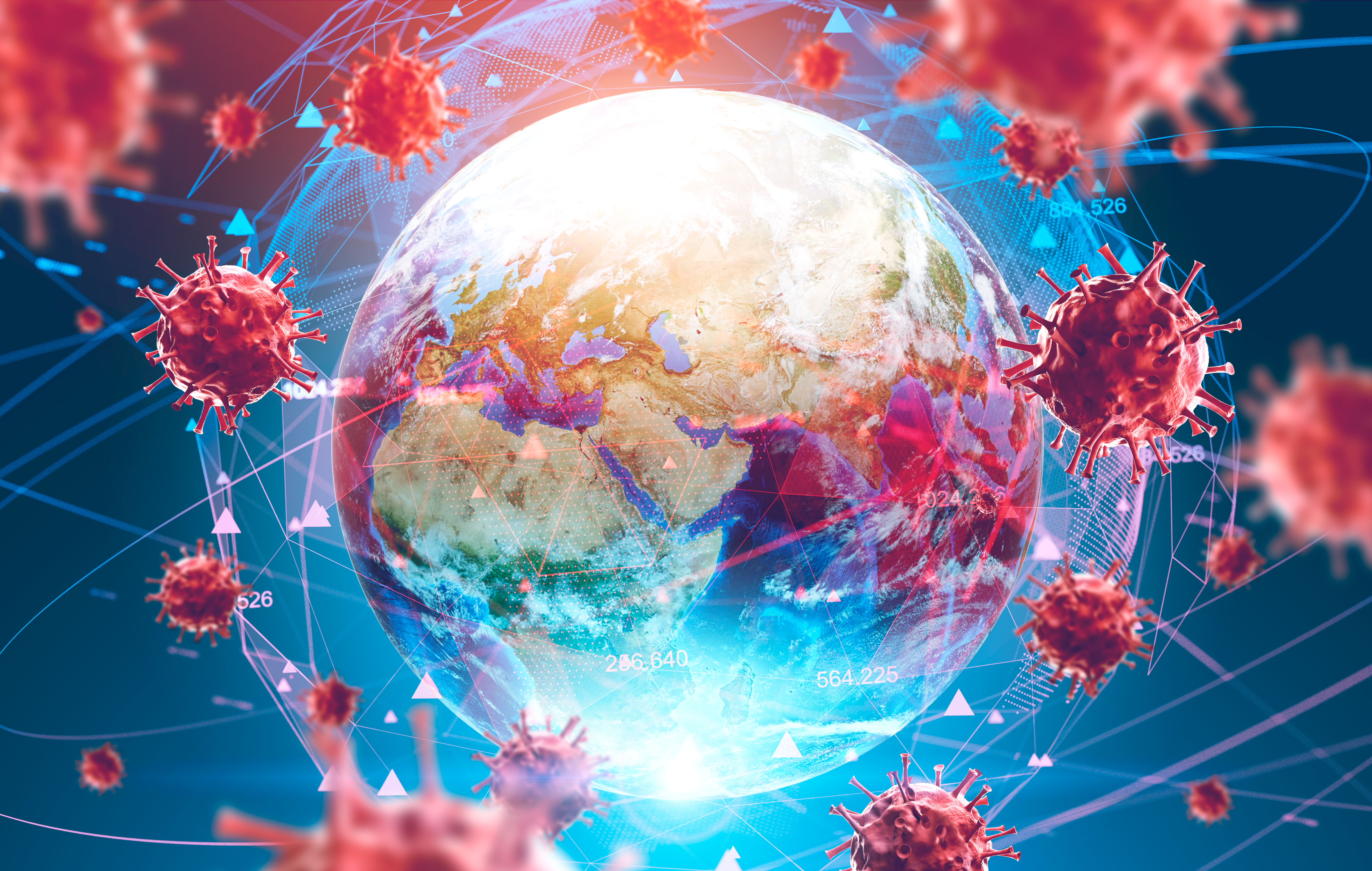 Asian flu ncov coronavirus over Earth background and its blurry hologram. Concept of cure search and spreading disease. 3d rendering toned image. Elements of this image furnished by NASA