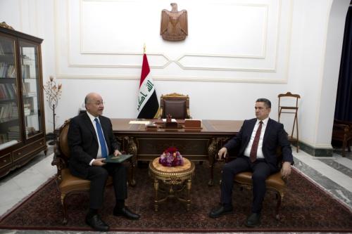 Iraq's President Barham Salih meets with new prime minister-designate Adnan al-Zurfi in Baghdad, Iraq March 17, 2020.  The Presidency of the Republic of Iraq Office/Handout via REUTERS ATTENTION EDITORS - THIS IMAGE WAS PROVIDED BY A THIRD PARTY.
