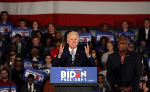 Democratic U.S. presidential candidate and former Vice President Joe Biden addresses supporters as Rep. James Clyburn (D-SC) looks on at his South Carolina primary night rally in Columbia, South Carolina, U.S., February 29, 2020. REUTERS/Jim Urquhart