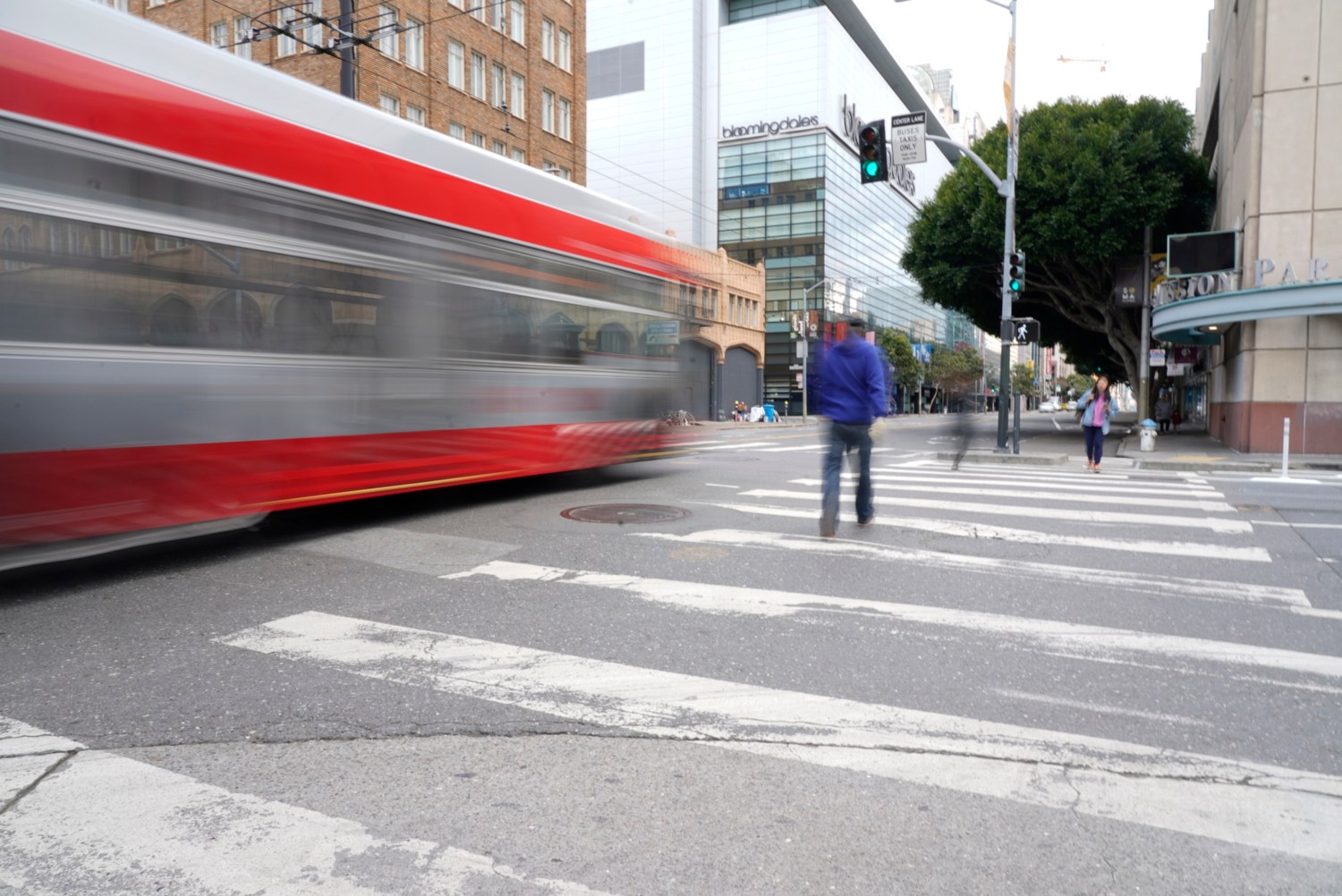 SF downtown, 5th St. and Mission St. had only three pedestrians crossing at a light cycle during the Shelter in Place order on March 17, 2020 in San Francisco, Calif.  Paul Kuroda/SIPA No Use UK. No Use Germany.
