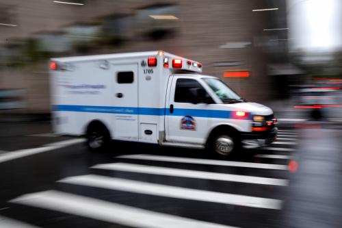 FILE PHOTO: An ambulance arrives at the emergency entrance outside Mount Sinai Hospital in Manhattan during the outbreak of the coronavirus disease (COVID-19) in New York City, New York, U.S., April 13, 2020. REUTERS/Mike Segar/File Photo