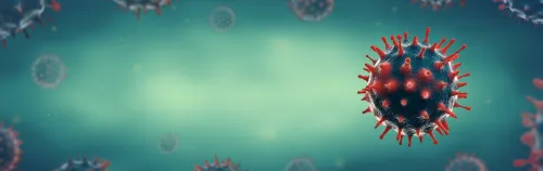 Microscopic view of Novel Coronavirus (2019-nCoV), Flu or SARS virus. Place for text. Panoramic.
