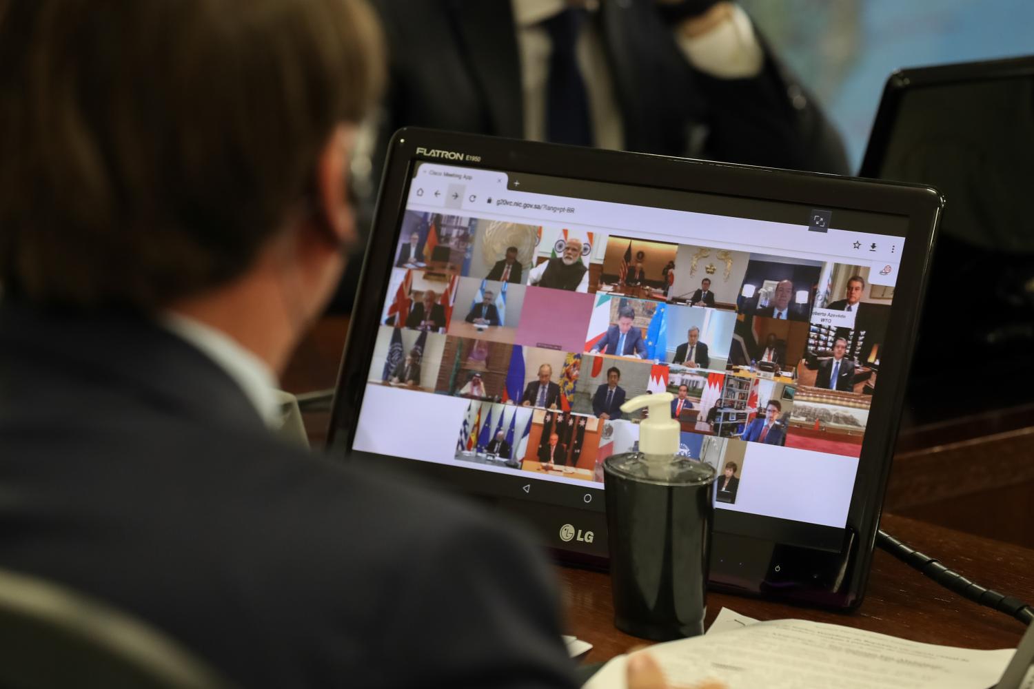 BRASILIA, BRAZIL- Brazilian President Jair Bolsonaro speaks during the videoconference with the G20 member countries about measures to combat the coronavirus in Brasilia, Brazil on March 26, 2020. At the G20, Bolsonaro highlighted the progress of the research carried out in Brazil and in other countries on the treatment with hydroxychloroquine against Covid-19, the first clinical study in the country that tests the use of the drug against the virus. He also expressed his opinion on the need to protect people's health and, at the same time, protect jobs.