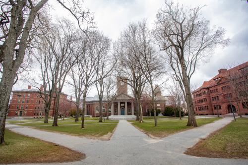 March 25, 2020, Harvard College, Cambridge, Massachusetts, USA: Empty Harvard Yard in Cambridge, MA.  Harvard University President Lawrence S. Bacow annouced that he and his wife have tested positive for the coronavirus on Tuesday on March 24.  Harvard University closed its campus earlier in March. No Use China. No Use Taiwan. No Use Korea. No Use Japan.