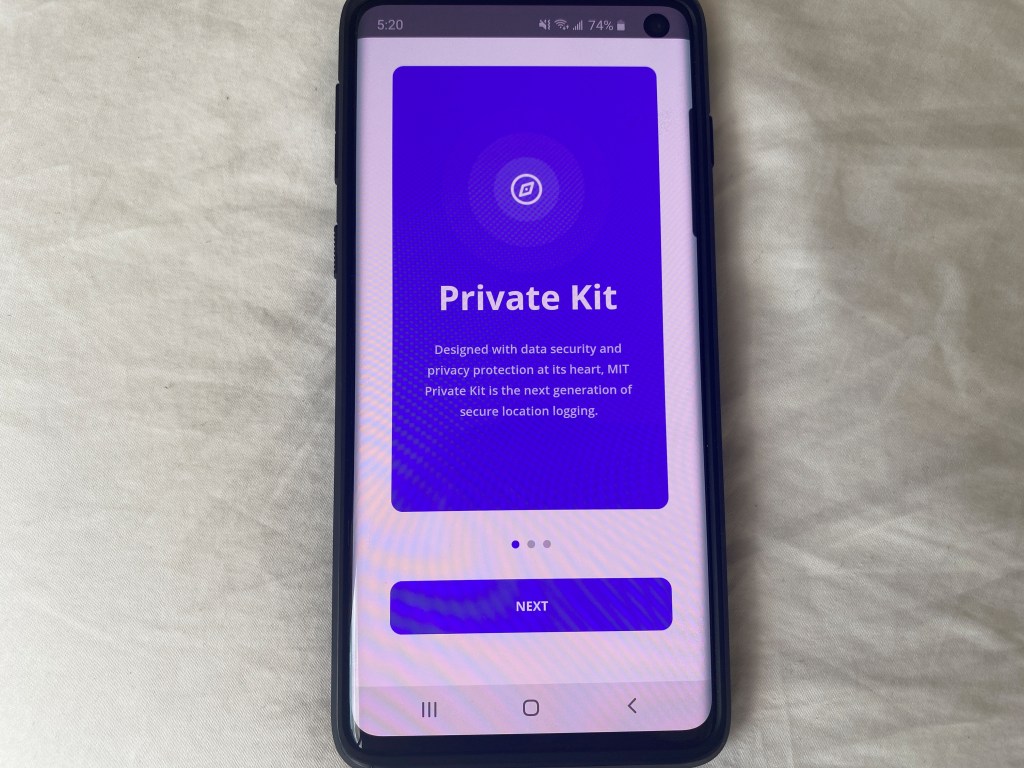 The Private Kit mobile app, which aims to help authorities with contact tracing efforts to curb the spread of a novel coronavirus, seen on a phone in this picture illustration taken April 9, 2020. REUTERS/Paresh Dave/Illustration