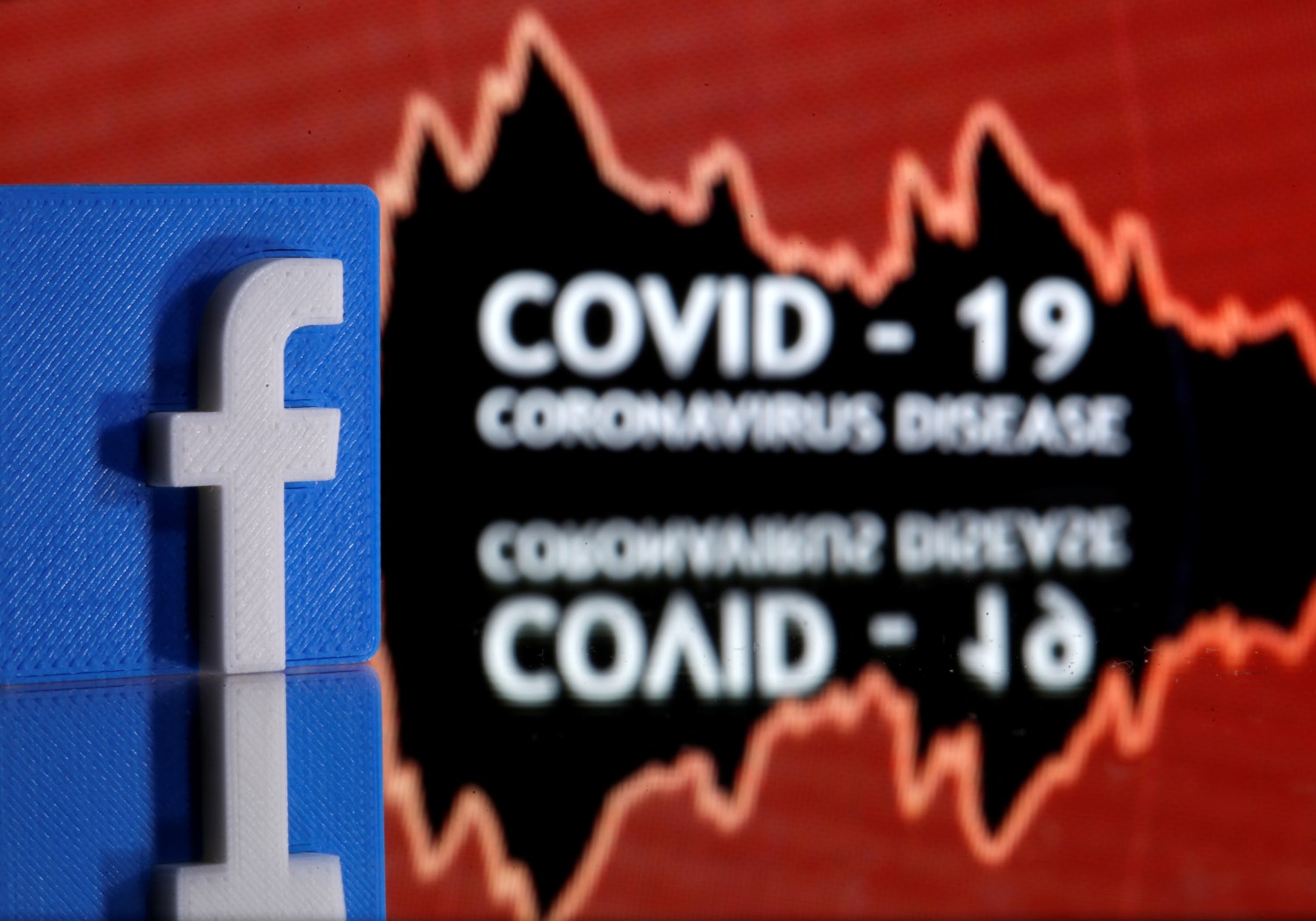 A 3D printed Facebook logo is seen in front of displayed coronavirus disease (COVID-19) words in this illustration taken March 24, 2020. Picture taken March 24, 2020. REUTERS/Dado Ruvic/Illustration