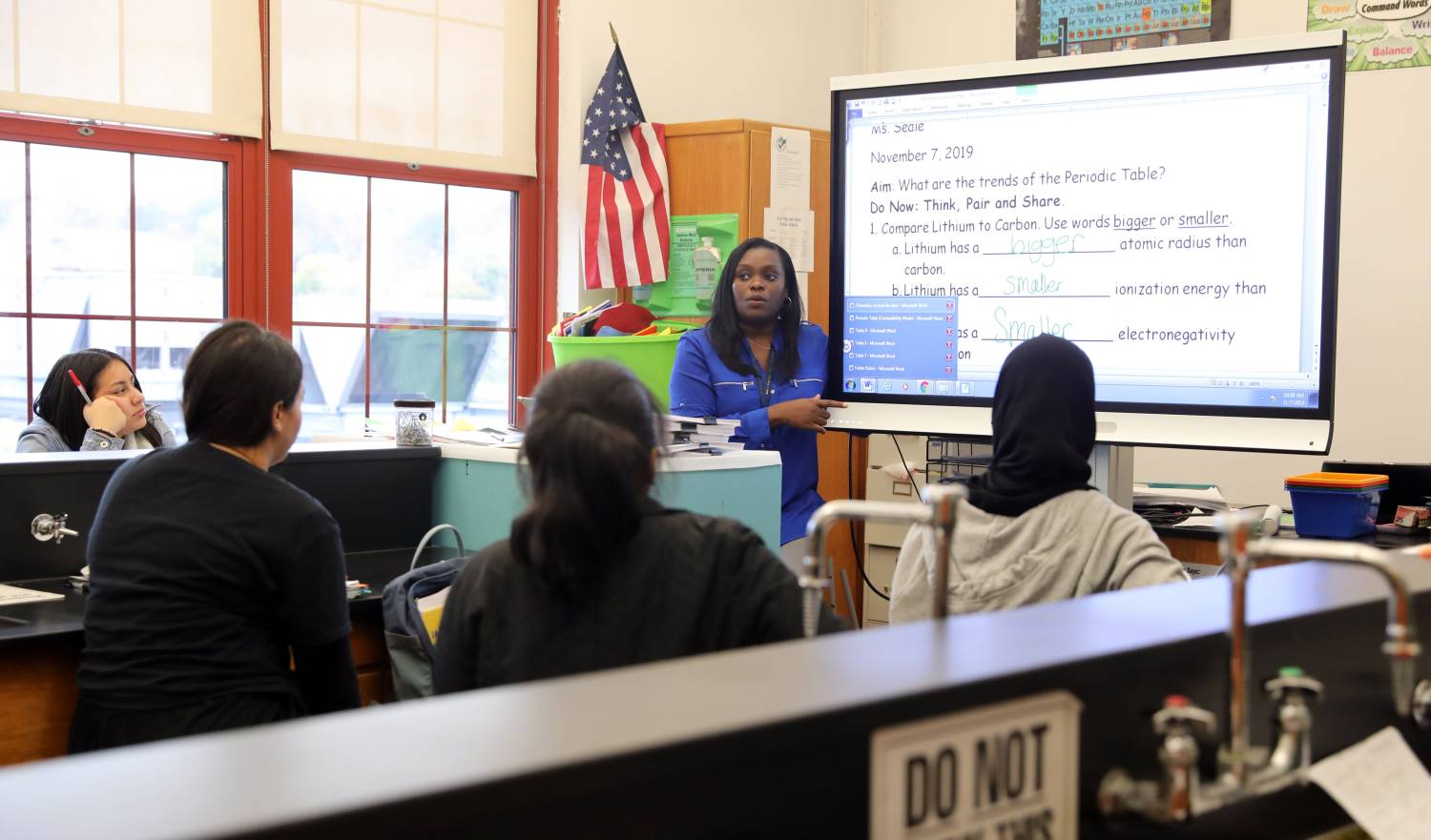 Chemistry teacher Lisa Seale teaches a lesson about the periodic table at Roosevelt High School - Early College Studies Nov. 7, 2019 in Yonkers.Immigrant Students