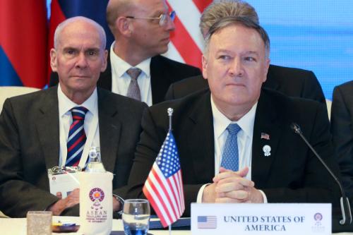 Former senior advisor Michael McKinley sits behind U.S. Secretary of State Mike Pompeo duirng a meeting with foreign ministers of Cambodia, Laos, Thailand, and Vietnam during the ASEAN Foreign Ministers' Meeting in Bangkok, Thailand August 1, 2019. Picture taken August 1, 2019. REUTERS/Jonathan Ernst/Pool