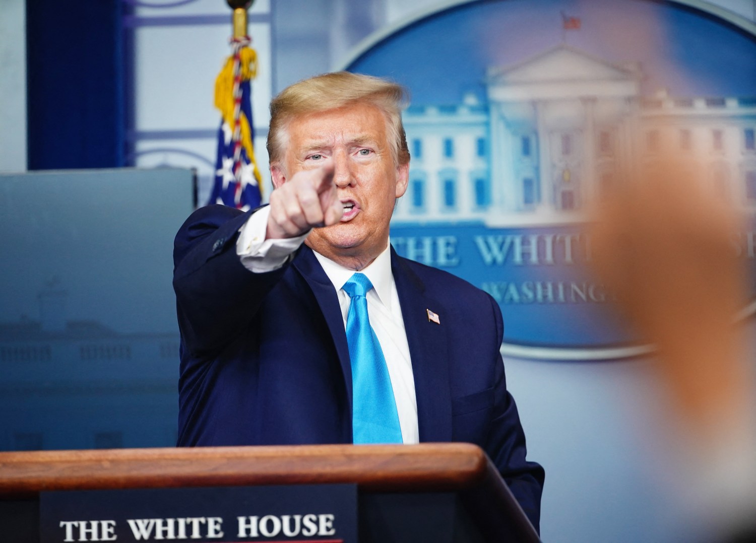US President Donald J. Trump calls on a reporter as he is joined by members of the Coronavirus Task Force, delivers remarks on the COVID-19 pandemic in the James S. Brady Press Briefing Room of the White House in Washington, DC, USA, 07 April 2020.
