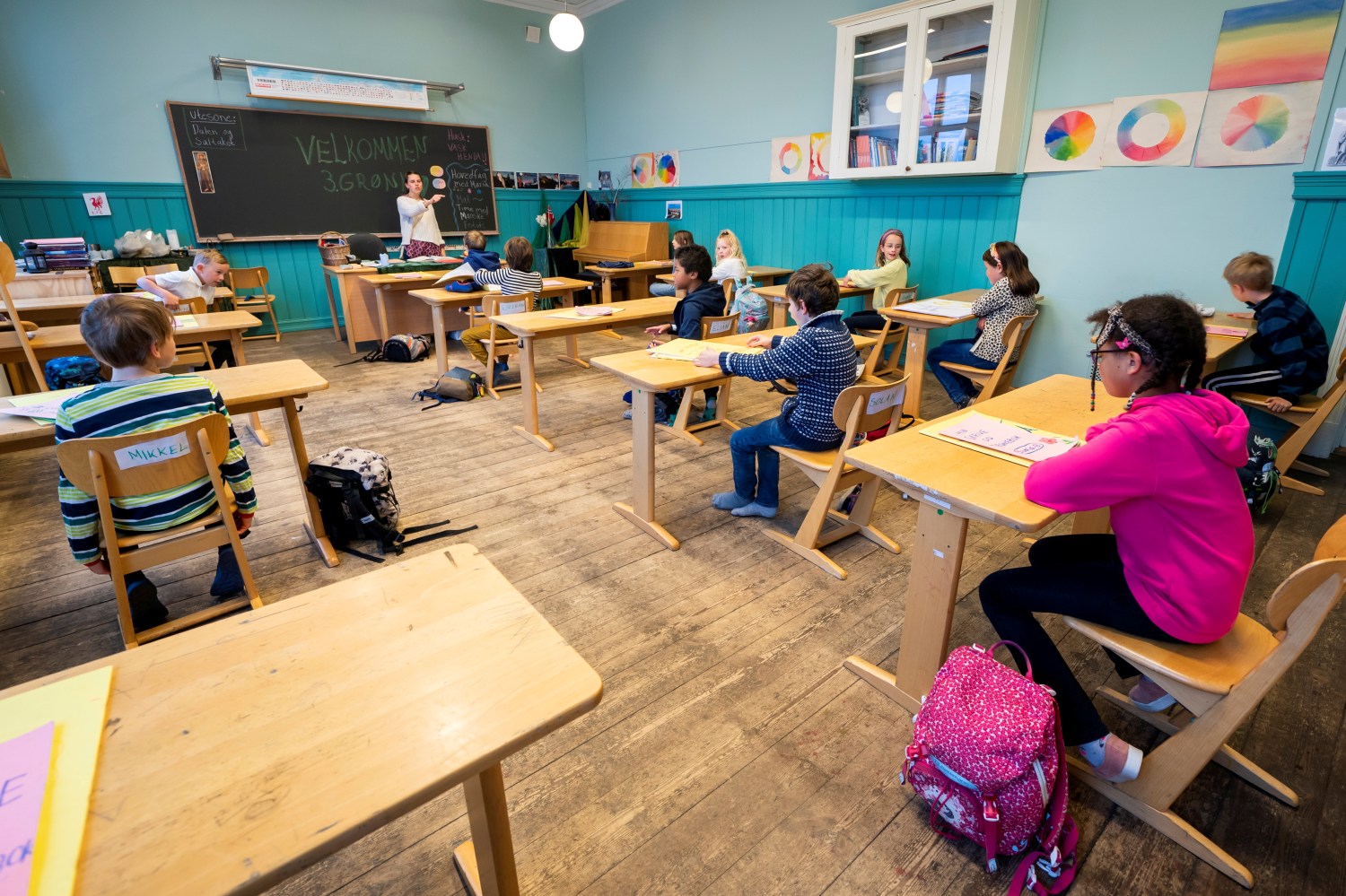 A teacher conducts the classes at Nordstrand Steinerskole, as the school reopened after few weeks, due to the coronavirus disease (COVID-19) outbreak, in Oslo, Norway April 27, 2020. NTB Scanpix/Heiko Junge via REUTERS   ATTENTION EDITORS - THIS IMAGE WAS PROVIDED BY A THIRD PARTY. NORWAY OUT. NO COMMERCIAL OR EDITORIAL SALES IN NORWAY.