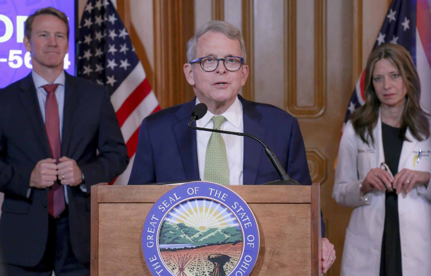 Lt. Gov. Jon Husted, left, Gov. Mike Gov. DeWine and Ohio Health director Dr. Amy Acton during a March 20, 2020 coronavirus, Covid-19, briefing from DeWine's office. Credit: Office of Gov. Mike DeWineKek6atk Roausydmnco4gftrdt