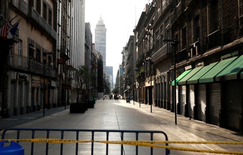 A general view shows a street closed to the public by the local government near Zocalo Square after Mexico's government declared a health emergency and issued stricter rules to curb the spread of the coronavirus disease (COVID-19), in Mexico City, Mexico April 5, 2020. Picture taken April 5, 2020. REUTERS/Henry Romero
