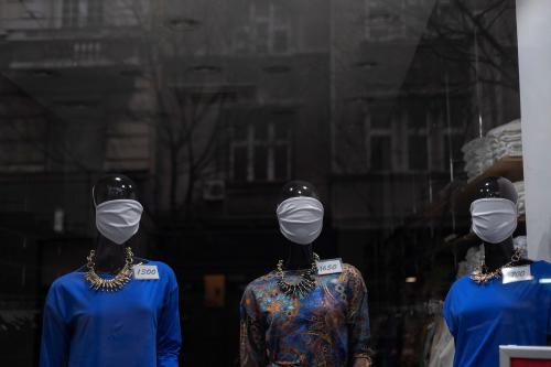 Mannequins wearing protective masks are pictured during a curfew imposed to prevent the spread of coronavirus disease (COVID-19) in Belgrade, Serbia, March 22, 2020. REUTERS/Marko Djurica