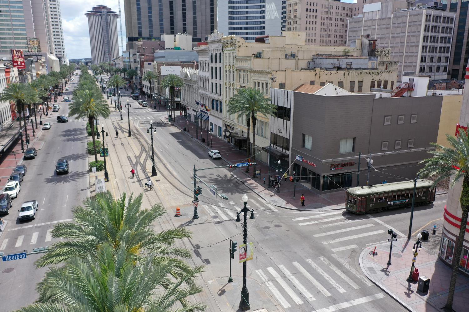 Streets lie deserted in the early afternoon during shelter in place orders to slow the spread of coronavirus disease (COVID-19) in an aerial photograph in New Orleans, Louisiana, U.S. March 27, 2020.  REUTERS/Drone Base