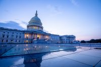 The US Capitol Building at dusk.