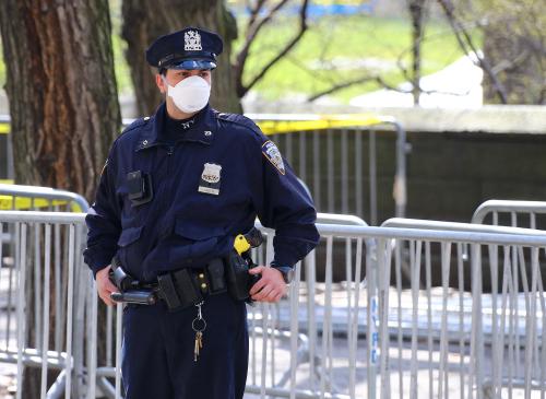 New York City Police officer with face mask on Fifth Avenue during the coronavirus pandemic in New York City, NY, USA on April 1, 2020. New York City has become the epicenter of coronavirus in the U.S with over 47,000 cases. The pandemic has forced millions of New Yorkers into their homes as local and state government enforce another 30 day stay-at-home order to try and flatten the curve. Photo by Charles Guerin/ABACAPRESS.COM