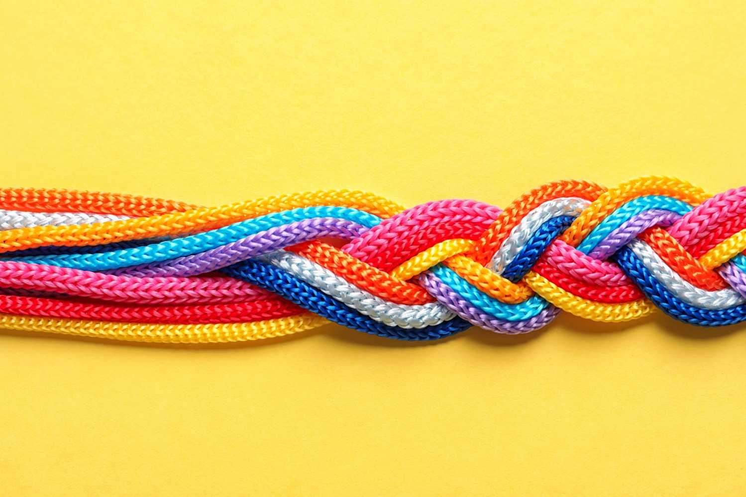 Multi-colored, braided rope on a yellow background.