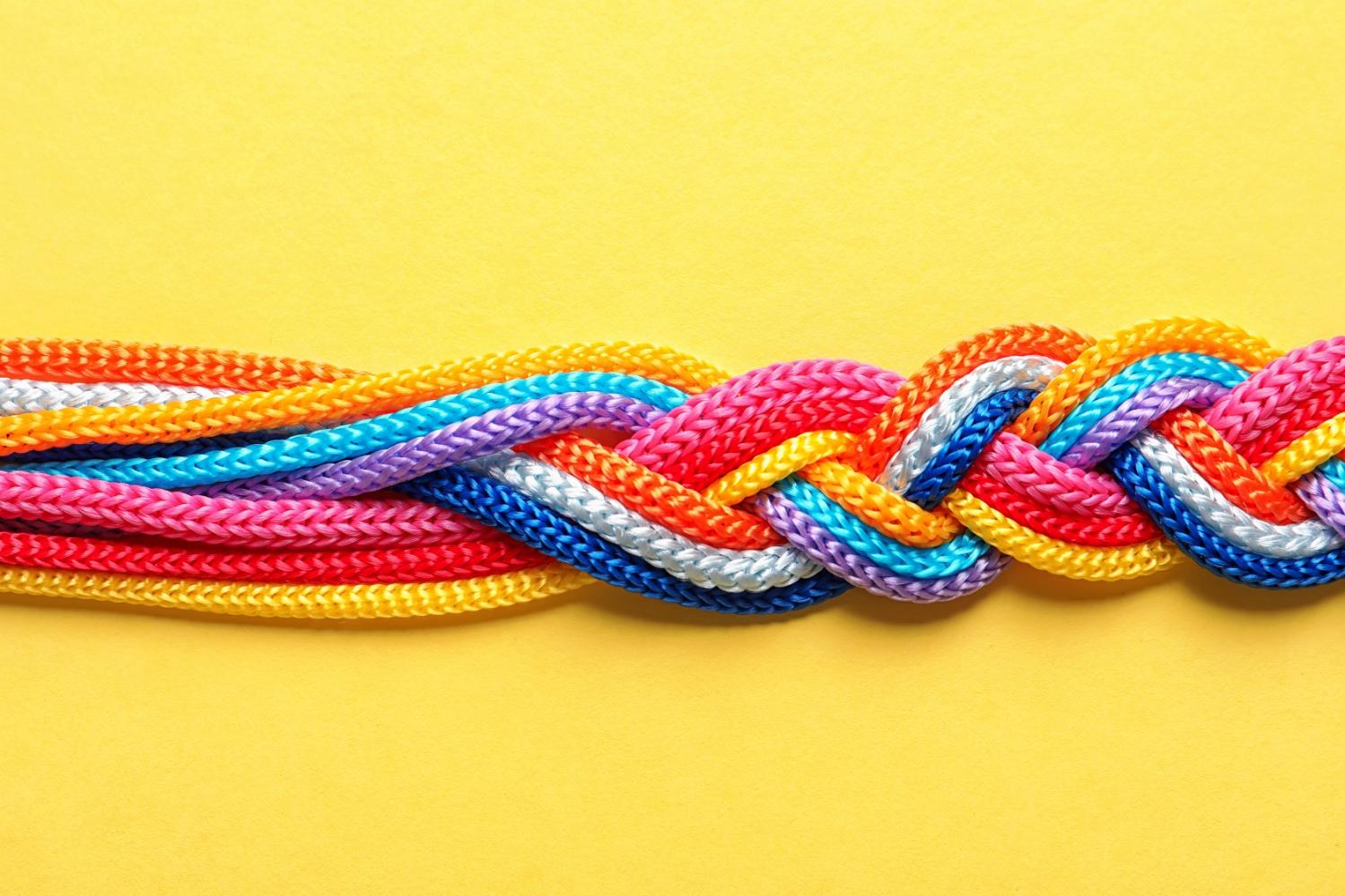 Multi-colored, braided rope on a yellow background.