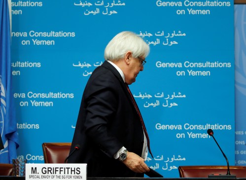 UN envoy Martin Griffiths leaves after a news conference on Yemen talks at the United Nations in Geneva, Switzerland September 8, 2018. REUTERS/Denis Balibouse