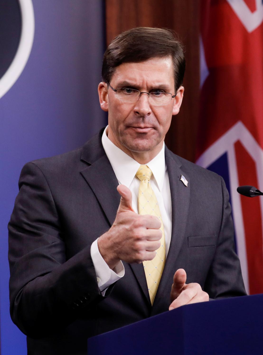 U.S. Defense Secretary Mark Esper gestures as he speaks during a joint news conference with Britain's Secretary of State of Defence Ben Wallace after their meeting at Pentagon in Arlington, Virginia, U.S., March 5, 2020. REUTERS/Yuri Gripas