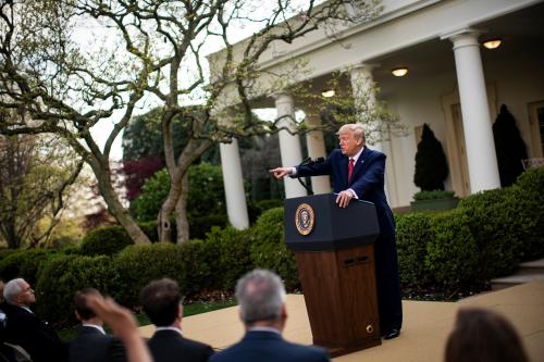 U.S. President Donald Trump calls on a reporter during a news conference in the Rose Garden of the White House in Washington, U.S., March 29, 2020. REUTERS/Al Drago
