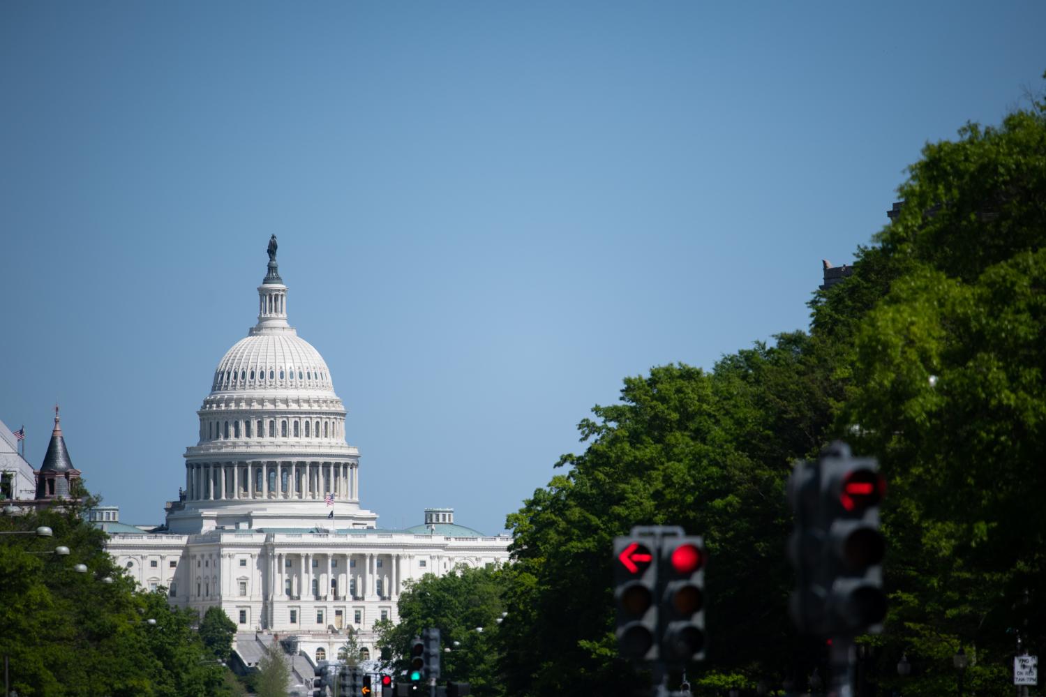 A general view of the U.S. Capitol Building in Washington, D.C., on May 2, 2020 amid the Coronavirus pandemic. Earlier today, thousands of visitors flocked to the Mall and other scenic sites around the Capital area to see a flyover by Navy Blue Angels and Air Force Thunderbirds in honor of medical personnel and first responders, meanwhile the global confirmed COVID-19 death toll approached 250,000.(Graeme Sloan/Sipa USA)No Use UK. No Use Germany.