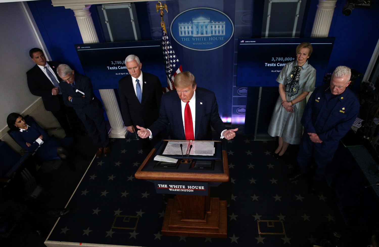 U.S. President Donald Trump answers questions at the daily coronavirus disease (COVID-19) task force briefing flanked by Dr. Anthony Fauci, Vice President Mike Pence, Dr. Deborah Birx and Admiral Brett Giroir at the White House in Washington, U.S., April 17, 2020. Picture taken April 17, 2020. REUTERS/Leah Millis