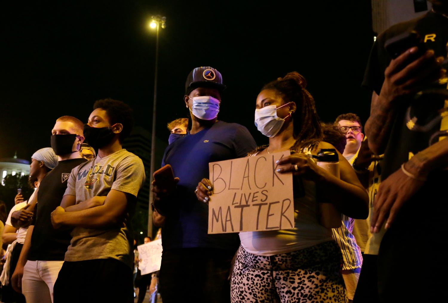 Mar 28, 2020; Columbus, OH, USA;   More than 300 protesters outraged over the death of George Floyd in Minneapolis refused to vacate the roadway at Broad and High streets in downtown Columbus on Thursday, May 28, 2020. Columbus police used pepper spray to disperse protesters after some threw plastic bottles of water, smoke bombs and other items at police. Windows at the Statehouse and in bus stations along High Street were shattered, trash cans were tossed and decorative planters wrecked in the chaos.  Mandatory Credit: Barbara J. Perenic/Columbus Dispatch via USA TODAY NETWORK