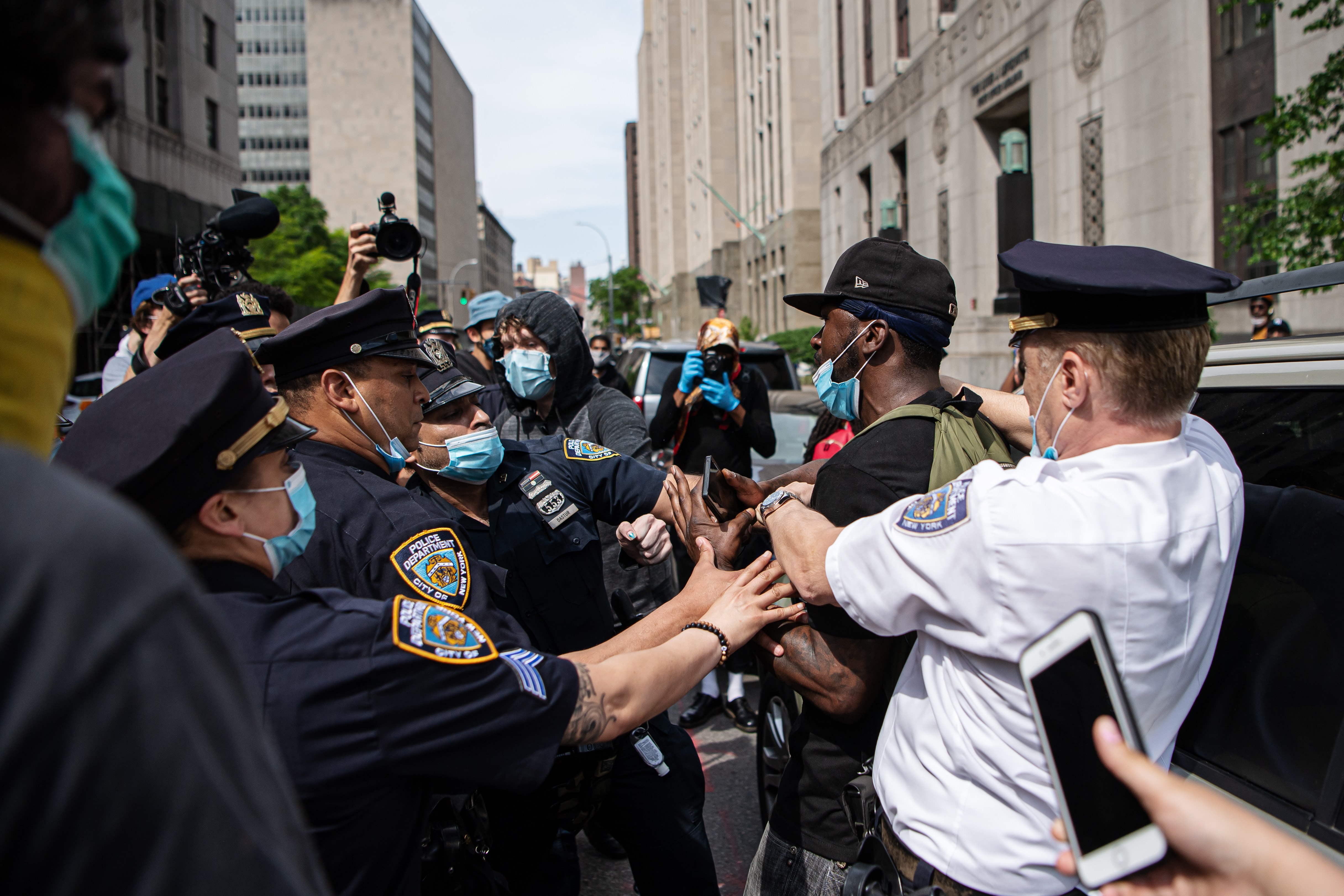 A demonstrator is arrested by police at a We Can't Breathe rally in protest over the death of George Floyd, on May 29, 2020 in the Manhattan borough of New York, NY, USA. Photo: Joel Marklund