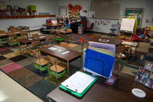 The kindergarten classroom of Emily Williams sits idle, left for over two months after schools closed down on March 12th at Minglewood Elementary School in Clarksville, Tenn., on Thursday, May 14, 2020.Hpt Minglewood Clearing Out 15