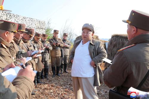 North Korean leader Kim Jong Un guides a drill of mortar sub-units of North Korean Army in this image released by North Korea's Korean Central News Agency (KCNA) on April 10, 2020. KCNA/via REUTERS ATTENTION EDITORS - THIS IMAGE WAS PROVIDED BY A THIRD PARTY. REUTERS IS UNABLE TO INDEPENDENTLY VERIFY THIS IMAGE. NO THIRD PARTY SALES. SOUTH KOREA OUT.     TPX IMAGES OF THE DAY - RC2A1G9HMM6S