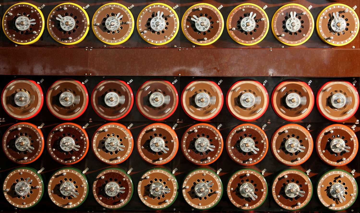 A British Turing Bombe machine is seen functioning in Bletchley Park Museum in Bletchley, central England, September 6, 2006. For the first time in sixty years Bletchley Park re-created the way the 'unbreakable' Enigma code was broken using functioning World War Two equipment. The Bombe was the brainchild of mathematical geniuses Alan Turing and Gordon Welchman, and enabled Bletchley Park's Cryptographers to decode over 3000 enemy messages a day breaking the codes created by German military Enigma machine during World War Two.   REUTERS/Alessia Pierdomenico (BRITAIN)