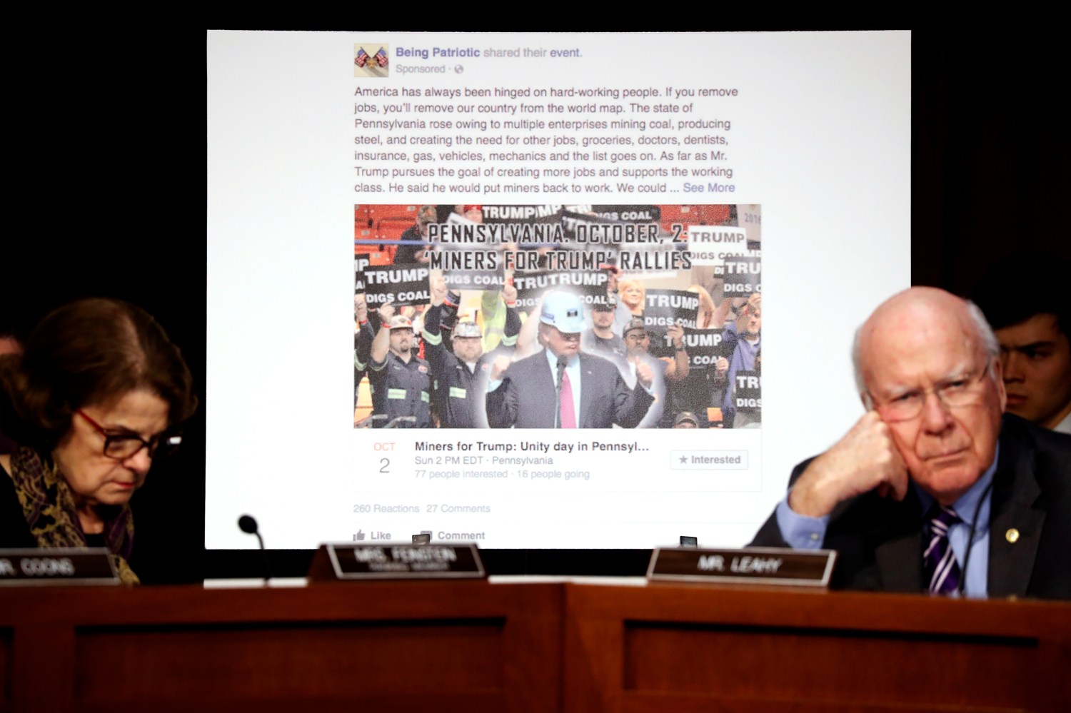 U.S. Senator Dianne Feinstein (D-CA) (L) and Senator Pat Leahy (D-VT) show a fake social media post for a non-existent "Miners for Trump" rally as representatives of Twitter, Facebook and Google testify before a Senate Judiciary Crime and Terrorism Subcommittee hearing on how Russia allegedly used their services to try to sway the 2016 U.S. elections, on Capitol Hill in Washington, U.S. October 31, 2017. REUTERS/Jonathan Ernst