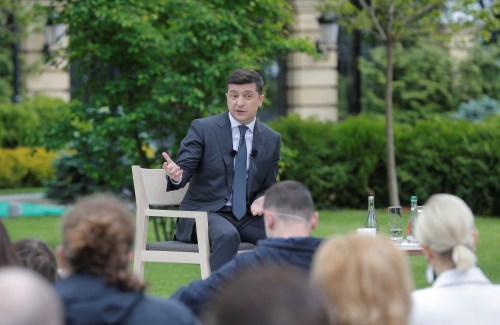 Ukrainian President Volodymyr Zelenskiy speaks during an open-air news conference, one year after his inauguration, amid the outbreak of the coronavirus disease (COVID-19) in Kiev, Ukraine May 20, 2020. Sergey Dolzhenko/Pool via REUTERS