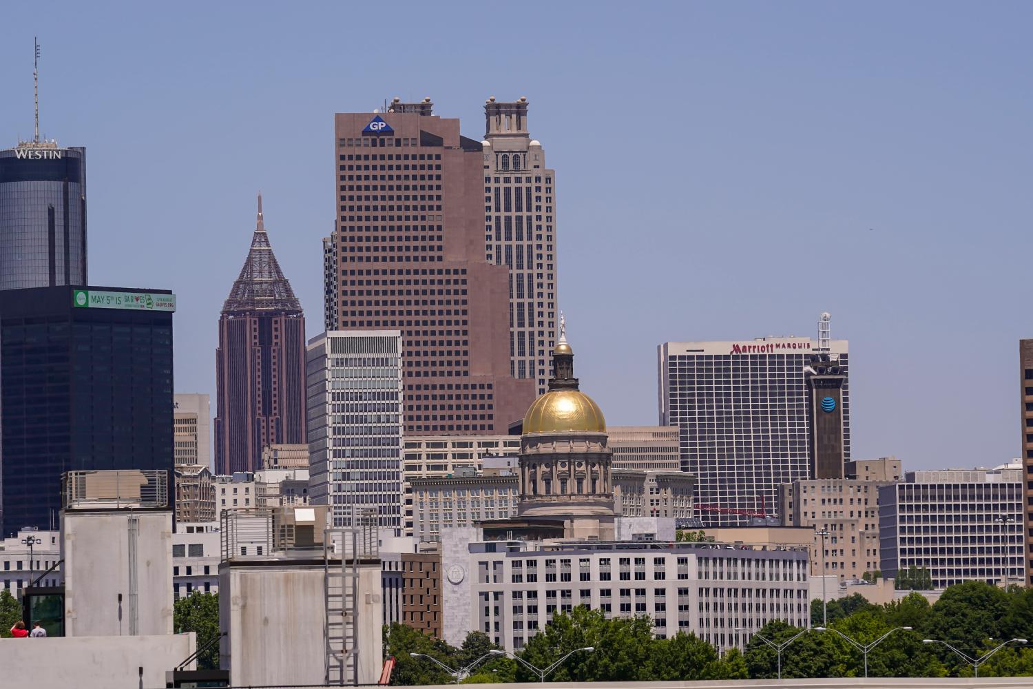 May 2, 2020; Atlanta, Georgia, USA; A view of downtown Atlanta just prior to the flyover of the Blue Angels and the Thunderbirds to honor workers during the pandemic in Atlanta. Mandatory Credit: Dale Zanine-USA TODAY NETWORK