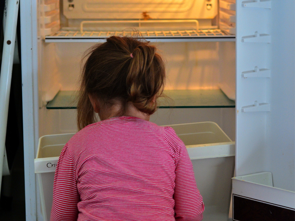 little girl looking through empty fridge