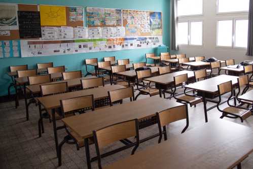 An empty classroom is seen during a class operated during lockdown for the healthcare workers' children at the Dupanloup elementary school in Boulogne near Paris, France, on May 05, 2020. Questions rise about the reopening of schools on the eve France's gradual exit from lockdown on 11 May. Photo by Aurore Marechal/ABACAPRESS.COM