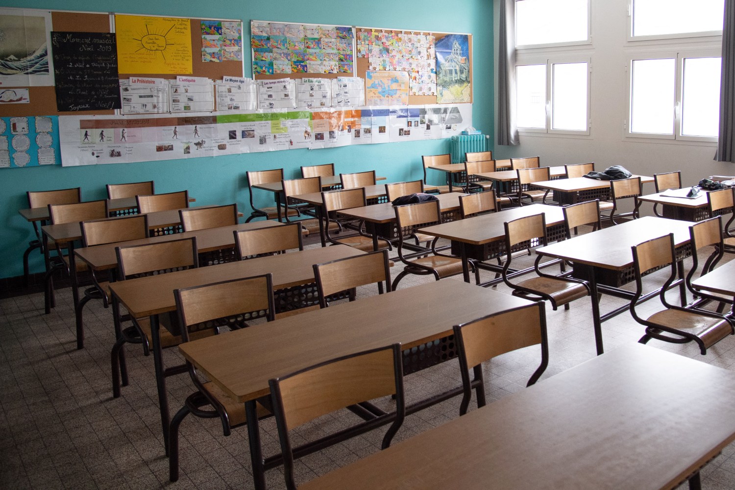 An empty classroom is seen during a class operated during lockdown for the healthcare workers' children at the Dupanloup elementary school in Boulogne near Paris, France, on May 05, 2020. Questions rise about the reopening of schools on the eve France's gradual exit from lockdown on 11 May. Photo by Aurore Marechal/ABACAPRESS.COM