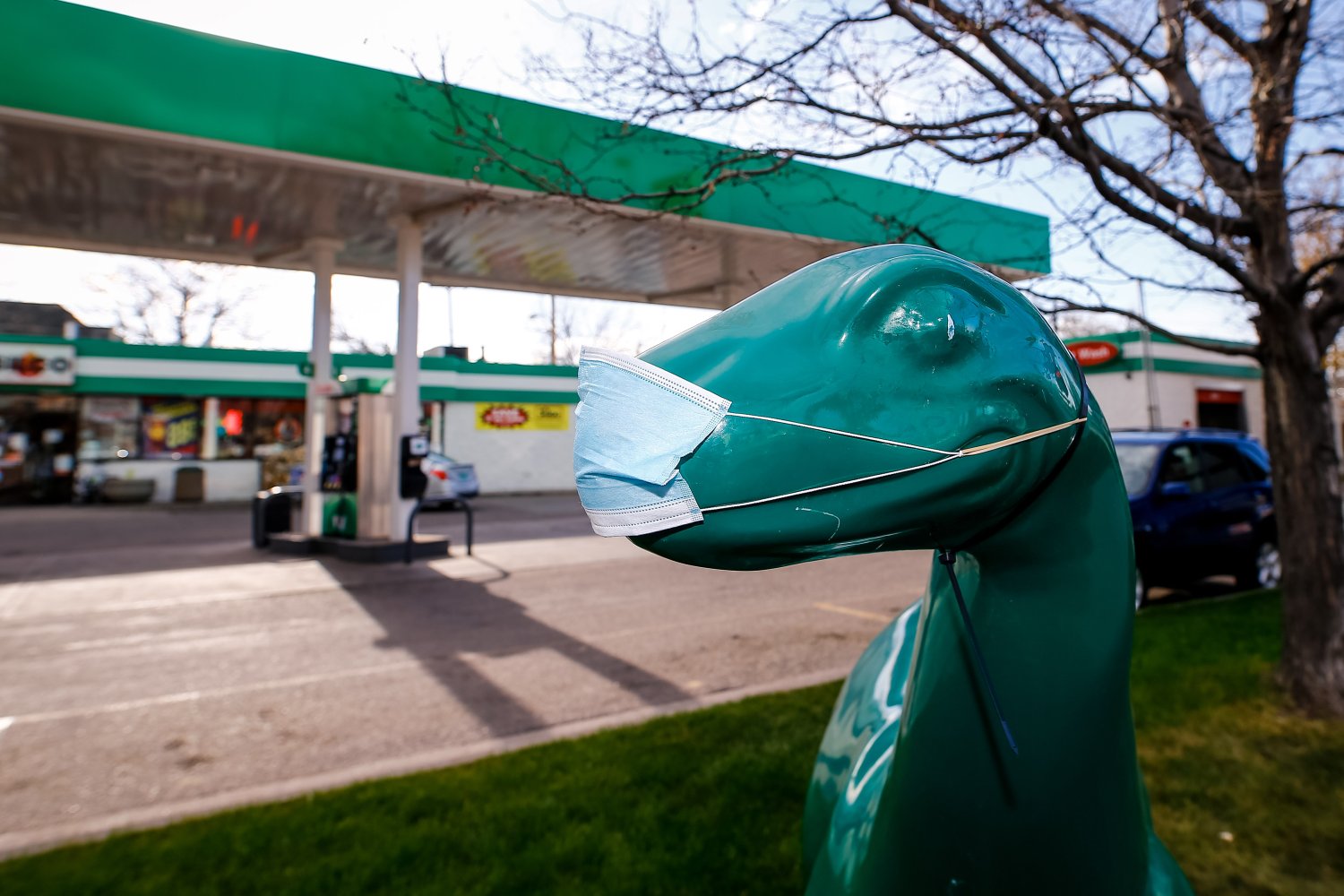 May 1, 2020; Denver, Colorado, USA; A medical mask covers a fiberglass dinosaur outside of gas station in Denver Colorado. Mandatory Credit: Isaiah J. Downing-USA TODAY NETWORK