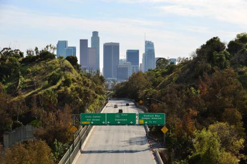 Mar 29, 2020; Los Angeles, California, USA; General view of 110 freeway southbound toward Downtown Los Angeles. Mandatory Credit: Gary A. Vasquez-USA TODAY NETWORK