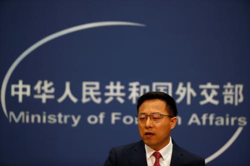 Chinese Foreign Ministry spokesman Zhao Lijian speaks at a news conference in Beijing, China April 8, 2020. REUTERS/Carlos Garcia Rawlins