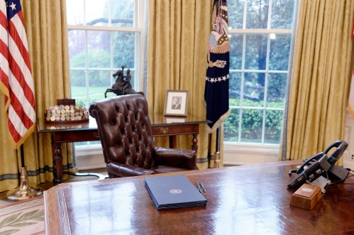 Executive Orders regarding trade lay on the Resolute desk in the Oval Office of the White House March 31, 2017 in Washington, DC. .Photo by Olivier Douliery/ Abaca