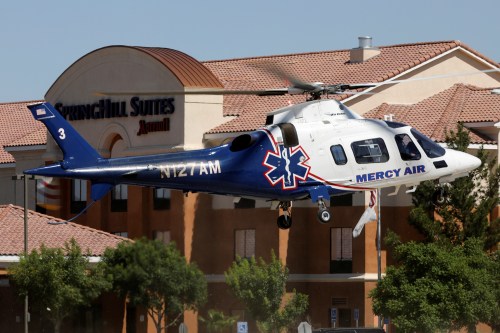 A medical helicopter takes off from a field next to a hotel across the street from Ridgecrest Regional Hospital after a powerful earthquake struck Southern California in the city of Ridgecrest, California, U.S., July 4, 2019. REUTERS/David McNew