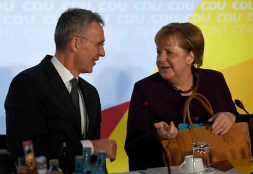 NATO Secretary General Jens Stoltenberg and German Chancellor Angela Merkel attend a Christian Democratic Union (CDU) board meeting in Hamburg, Germany January 17, 2020. REUTERS/Fabian Bimmer