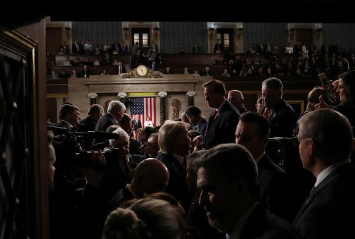 U.S. President Donald Trump departs at the conclusion of his State of the Union address to a joint session of the U.S. Congress in the House Chamber of the U.S. Capitol in Washington, U.S. February 4, 2020. REUTERS/Leah Millis/POOL