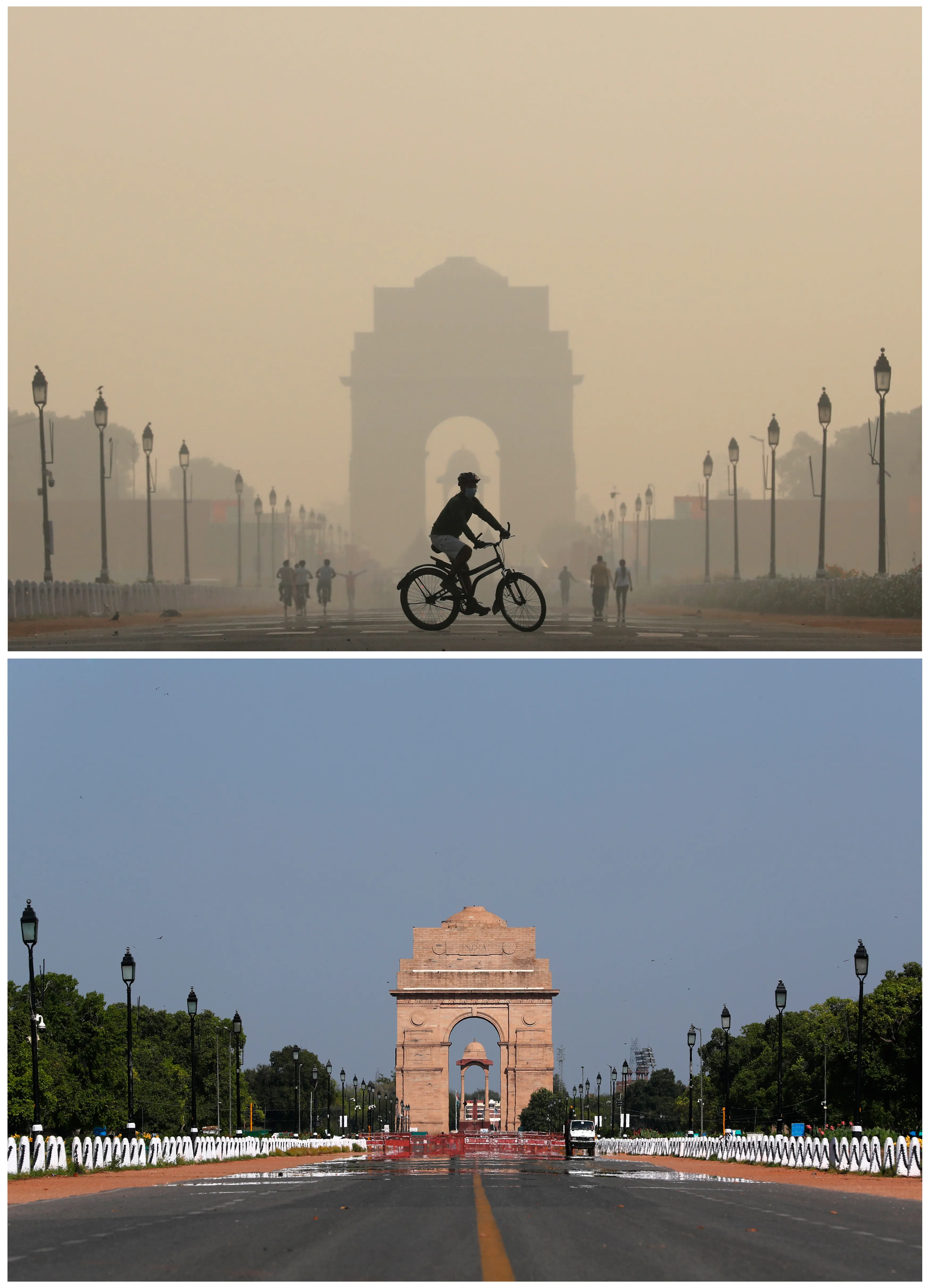 A combo shows the India Gate war memorial on October 17, 2019 and after air pollution level started to drop during a 21-day nationwide lockdown to slow the spreading of Coronavirus disease (COVID-19), in New Delhi, India, April 8, 2020. REUTERS/Anushree Fadnavis/Adnan Abidi