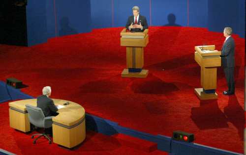 October 2004: Sen. John Kerry debates President George W. Bush at Grady Gammage Auditorium on the campus of Arizona State University in the last presidential debate of the 2004 campaign.Debate 114729