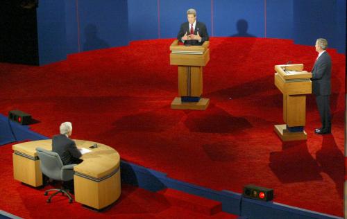 October 2004: Sen. John Kerry debates President George W. Bush at Grady Gammage Auditorium on the campus of Arizona State University in the last presidential debate of the 2004 campaign.Debate 114729