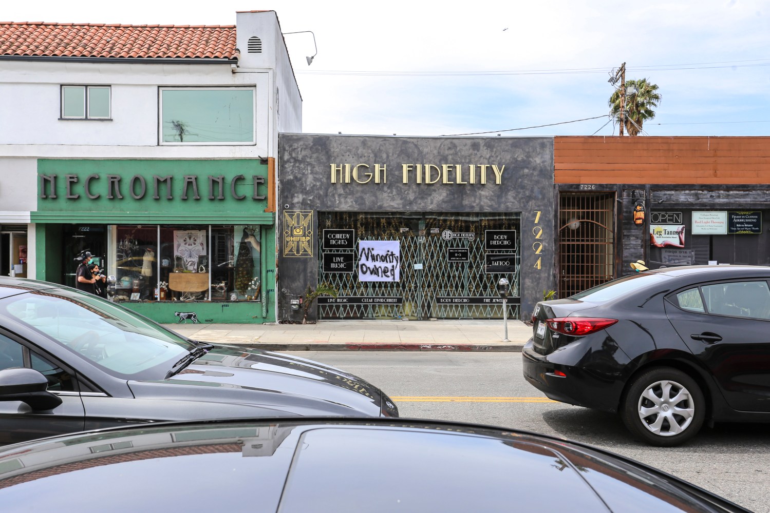 High Fidelity, a black owned business on Melrose Avenue, displays a "Minority Owned" signed in the window with hopes that their business would not be looted or damaged during the riots that took place the night before in Los Angeles, CA on Sunday, May 31, 2020. (Photo by Desmond A. Hester / Sipa USA)No Use UK. No Use Germany.